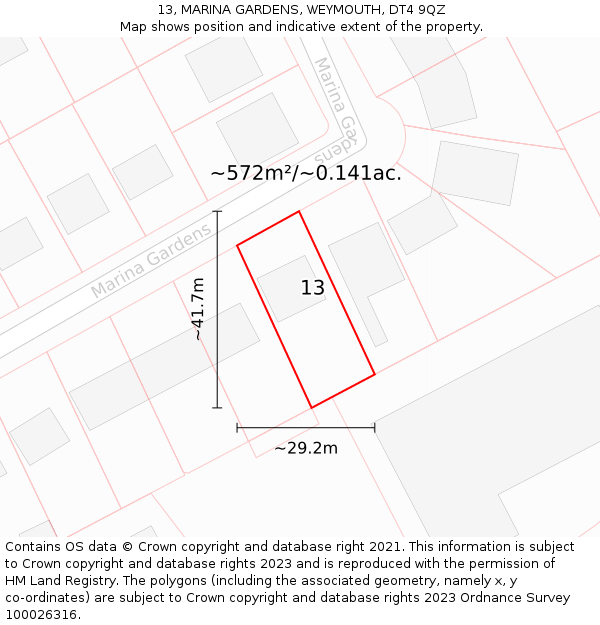 13, MARINA GARDENS, WEYMOUTH, DT4 9QZ: Plot and title map