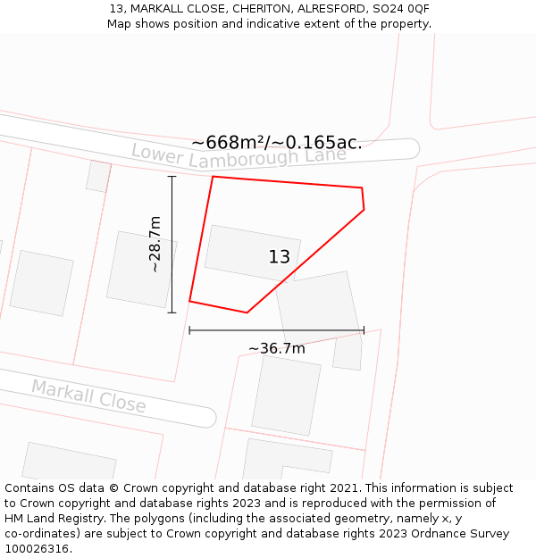 13, MARKALL CLOSE, CHERITON, ALRESFORD, SO24 0QF: Plot and title map