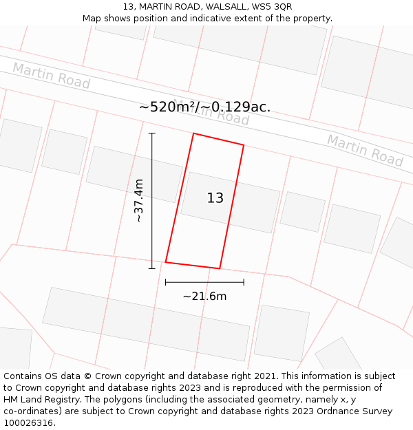 13, MARTIN ROAD, WALSALL, WS5 3QR: Plot and title map