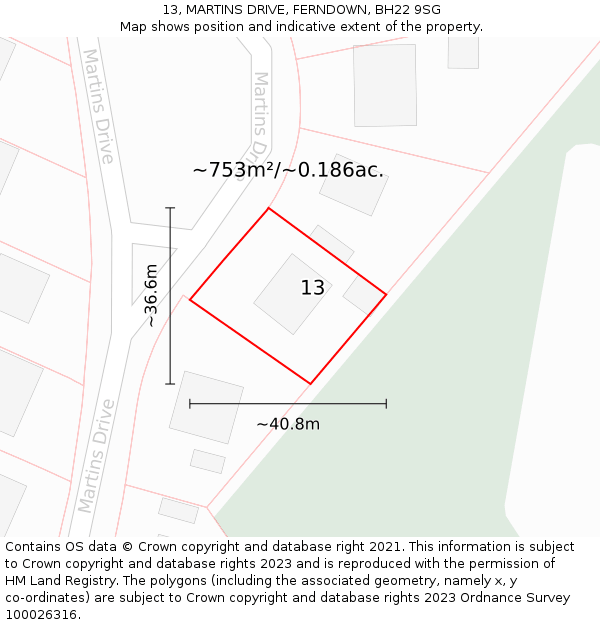 13, MARTINS DRIVE, FERNDOWN, BH22 9SG: Plot and title map