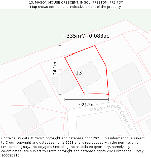 13, MASON HOUSE CRESCENT, INGOL, PRESTON, PR2 7DY: Plot and title map