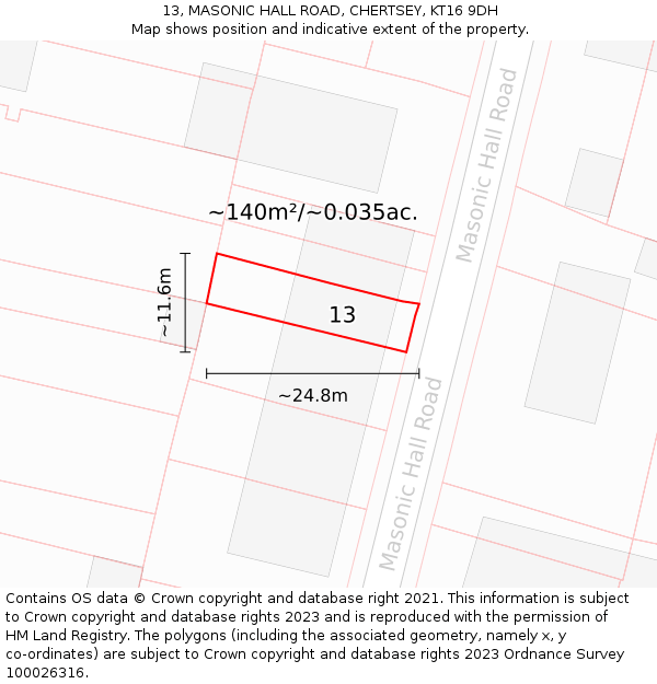 13, MASONIC HALL ROAD, CHERTSEY, KT16 9DH: Plot and title map