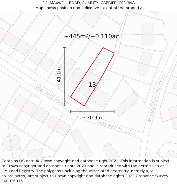 13, MAXWELL ROAD, RUMNEY, CARDIFF, CF3 3NA: Plot and title map