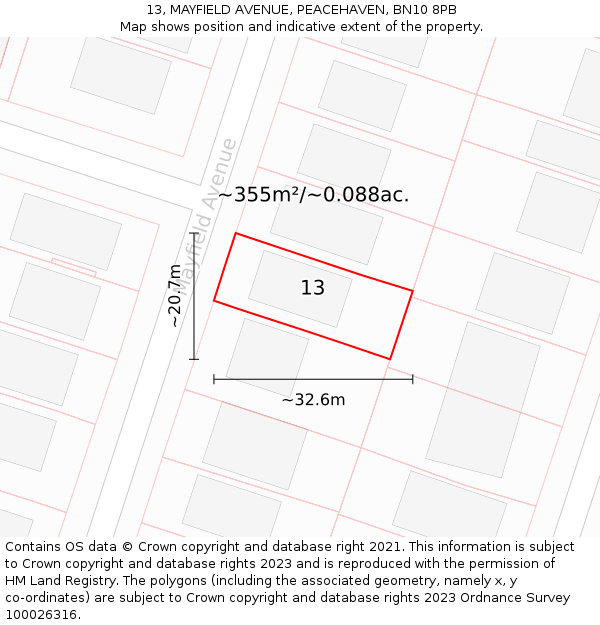 13, MAYFIELD AVENUE, PEACEHAVEN, BN10 8PB: Plot and title map