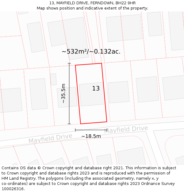 13, MAYFIELD DRIVE, FERNDOWN, BH22 9HR: Plot and title map