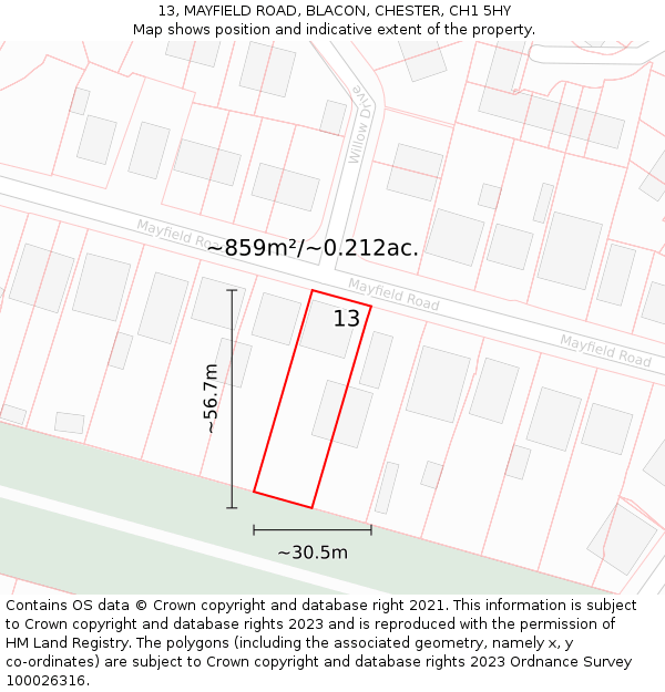 13, MAYFIELD ROAD, BLACON, CHESTER, CH1 5HY: Plot and title map