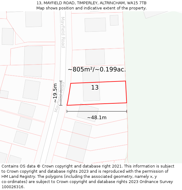 13, MAYFIELD ROAD, TIMPERLEY, ALTRINCHAM, WA15 7TB: Plot and title map