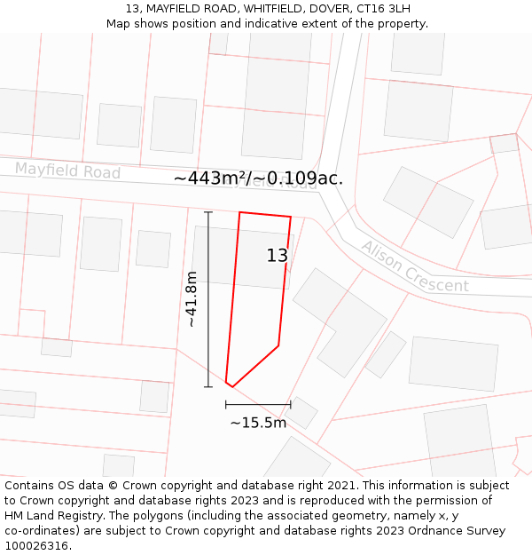 13, MAYFIELD ROAD, WHITFIELD, DOVER, CT16 3LH: Plot and title map