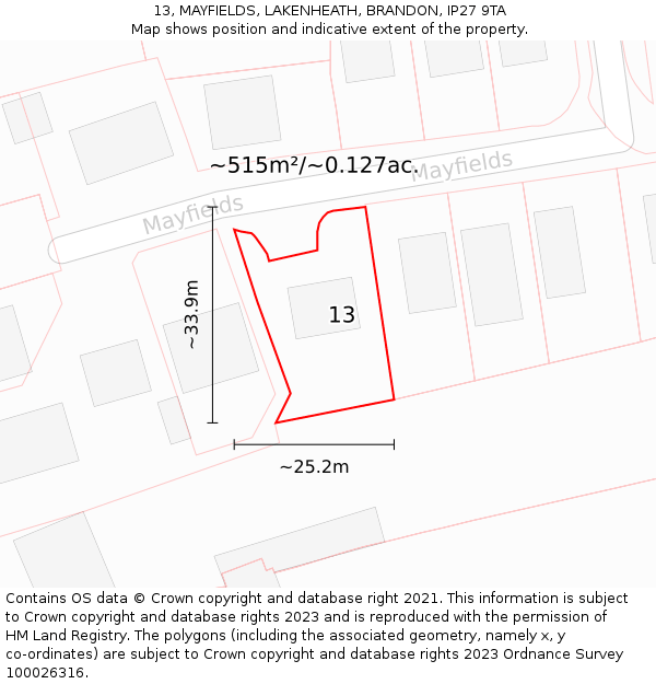 13, MAYFIELDS, LAKENHEATH, BRANDON, IP27 9TA: Plot and title map