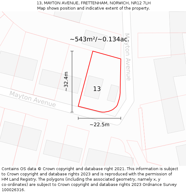 13, MAYTON AVENUE, FRETTENHAM, NORWICH, NR12 7LH: Plot and title map