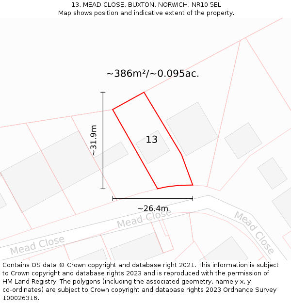 13, MEAD CLOSE, BUXTON, NORWICH, NR10 5EL: Plot and title map