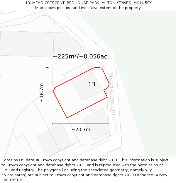 13, MEAD CRESCENT, REDHOUSE PARK, MILTON KEYNES, MK14 5FX: Plot and title map