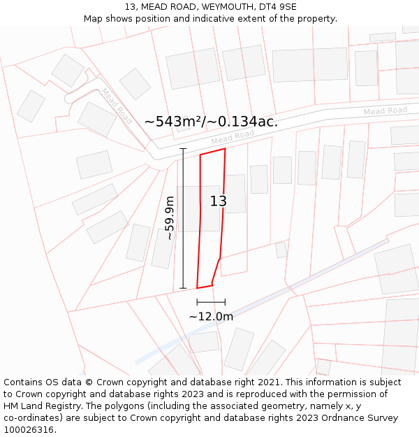 13, MEAD ROAD, WEYMOUTH, DT4 9SE: Plot and title map