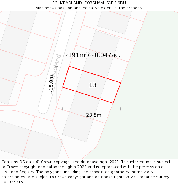 13, MEADLAND, CORSHAM, SN13 9DU: Plot and title map