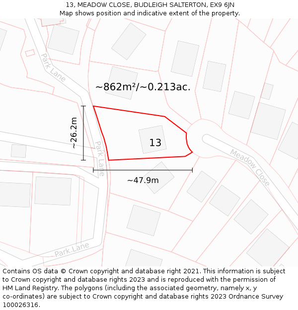 13, MEADOW CLOSE, BUDLEIGH SALTERTON, EX9 6JN: Plot and title map