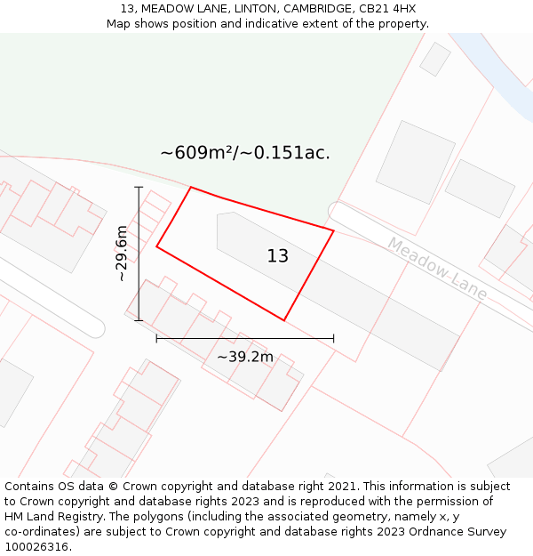 13, MEADOW LANE, LINTON, CAMBRIDGE, CB21 4HX: Plot and title map