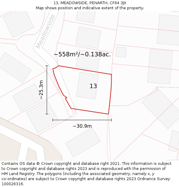 13, MEADOWSIDE, PENARTH, CF64 3JX: Plot and title map