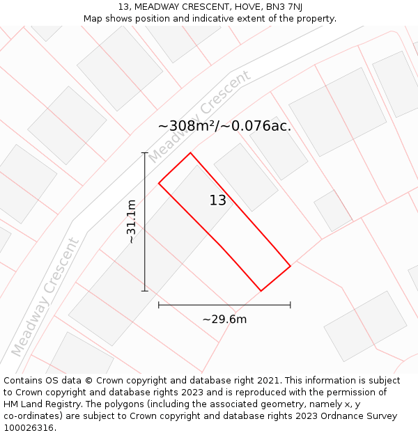 13, MEADWAY CRESCENT, HOVE, BN3 7NJ: Plot and title map