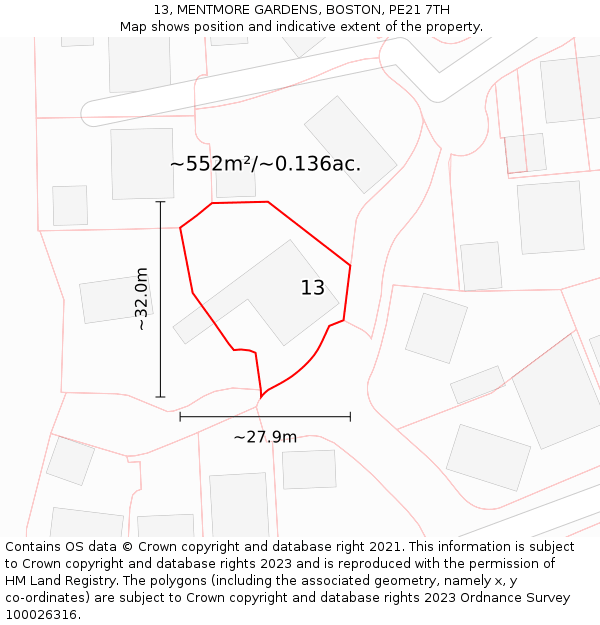 13, MENTMORE GARDENS, BOSTON, PE21 7TH: Plot and title map