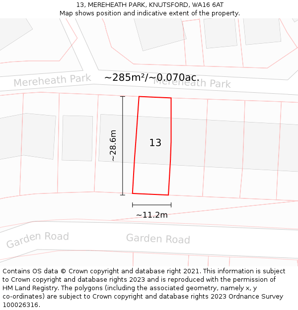 13, MEREHEATH PARK, KNUTSFORD, WA16 6AT: Plot and title map