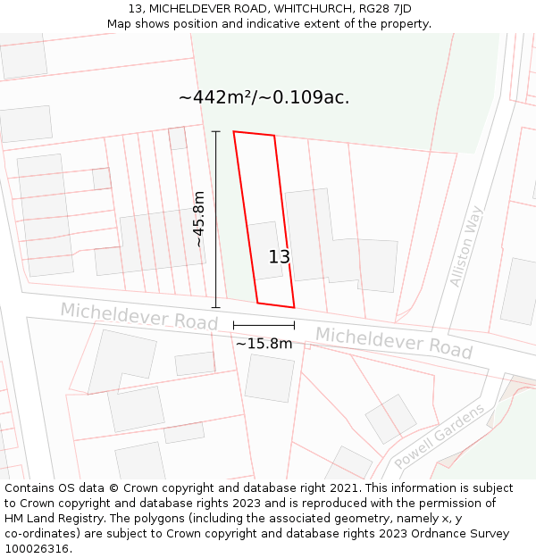 13, MICHELDEVER ROAD, WHITCHURCH, RG28 7JD: Plot and title map