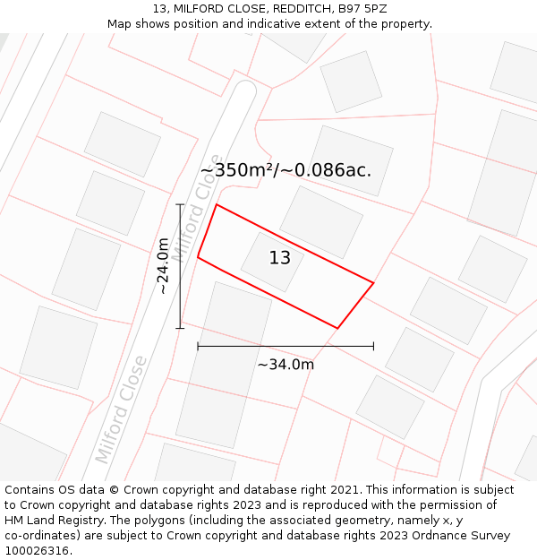 13, MILFORD CLOSE, REDDITCH, B97 5PZ: Plot and title map
