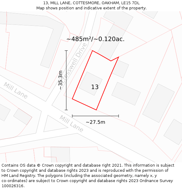 13, MILL LANE, COTTESMORE, OAKHAM, LE15 7DL: Plot and title map