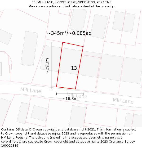 13, MILL LANE, HOGSTHORPE, SKEGNESS, PE24 5NF: Plot and title map