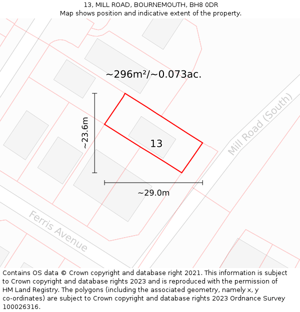 13, MILL ROAD, BOURNEMOUTH, BH8 0DR: Plot and title map