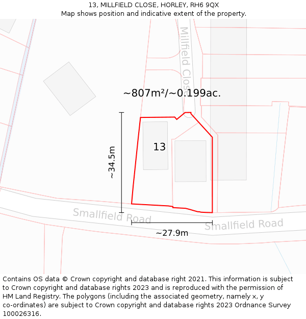 13, MILLFIELD CLOSE, HORLEY, RH6 9QX: Plot and title map