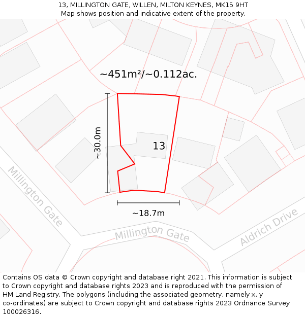 13, MILLINGTON GATE, WILLEN, MILTON KEYNES, MK15 9HT: Plot and title map