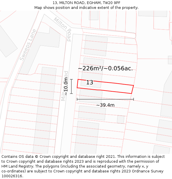 13, MILTON ROAD, EGHAM, TW20 9PF: Plot and title map