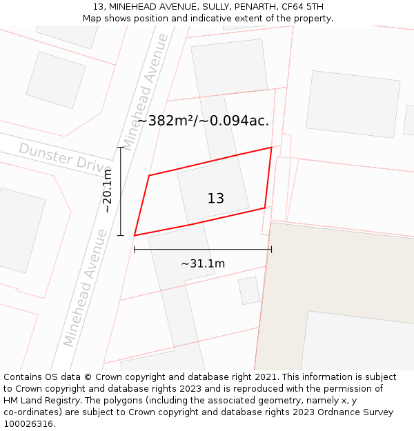 13, MINEHEAD AVENUE, SULLY, PENARTH, CF64 5TH: Plot and title map