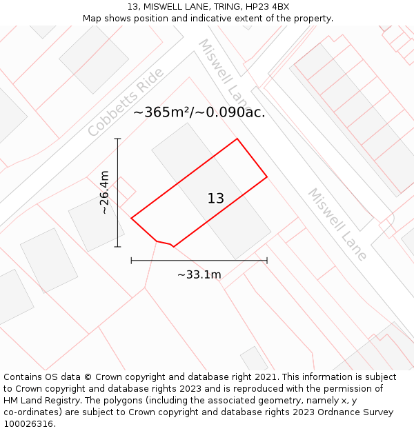 13, MISWELL LANE, TRING, HP23 4BX: Plot and title map