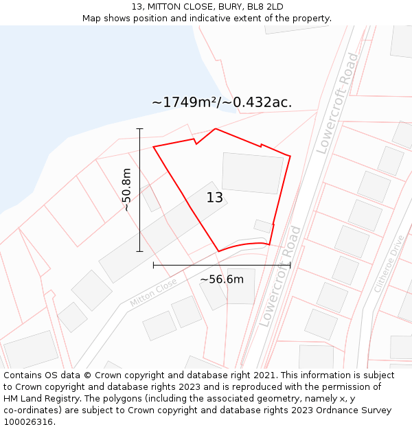 13, MITTON CLOSE, BURY, BL8 2LD: Plot and title map