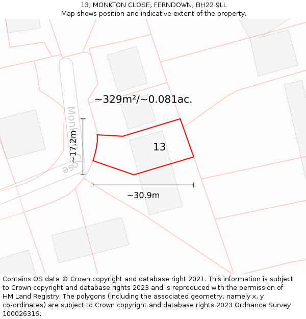 13, MONKTON CLOSE, FERNDOWN, BH22 9LL: Plot and title map