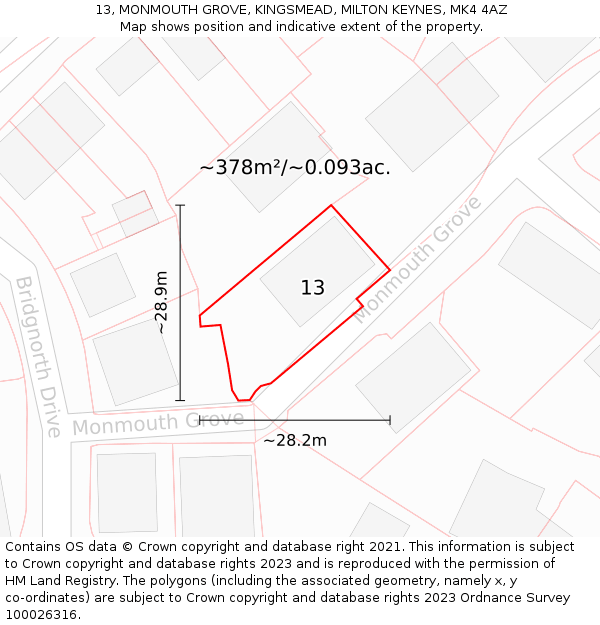 13, MONMOUTH GROVE, KINGSMEAD, MILTON KEYNES, MK4 4AZ: Plot and title map