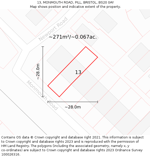 13, MONMOUTH ROAD, PILL, BRISTOL, BS20 0AY: Plot and title map