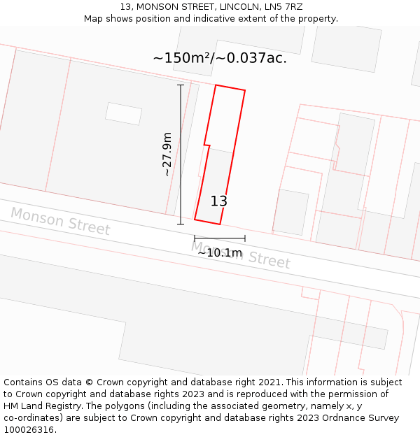 13, MONSON STREET, LINCOLN, LN5 7RZ: Plot and title map