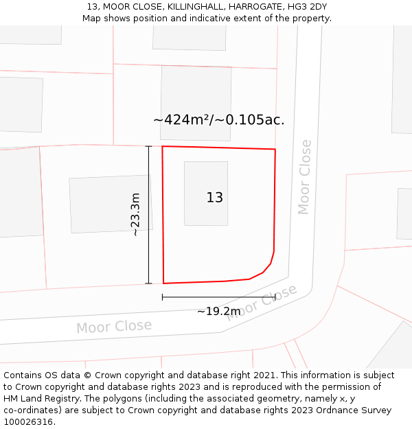 13, MOOR CLOSE, KILLINGHALL, HARROGATE, HG3 2DY: Plot and title map