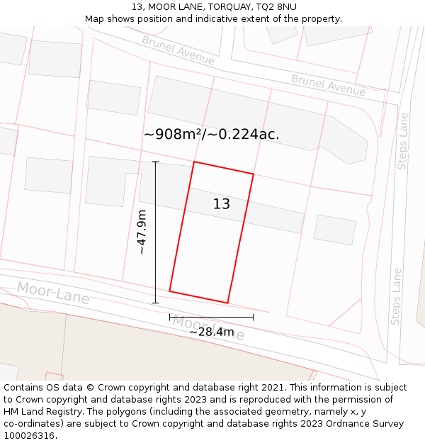 13, MOOR LANE, TORQUAY, TQ2 8NU: Plot and title map