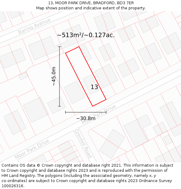 13, MOOR PARK DRIVE, BRADFORD, BD3 7ER: Plot and title map