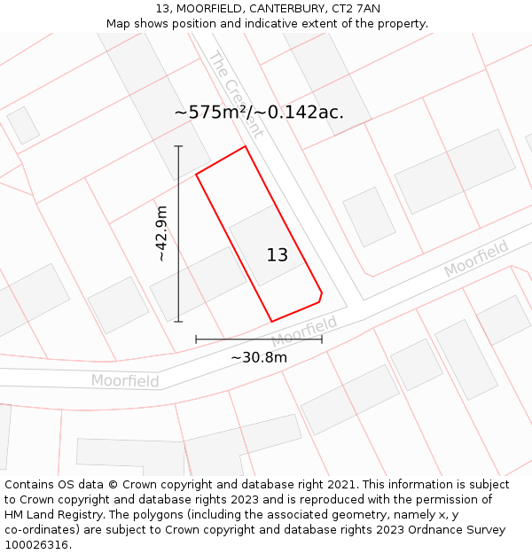 13, MOORFIELD, CANTERBURY, CT2 7AN: Plot and title map