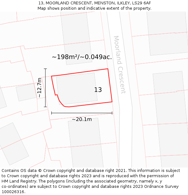 13, MOORLAND CRESCENT, MENSTON, ILKLEY, LS29 6AF: Plot and title map