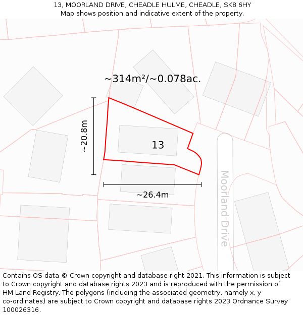 13, MOORLAND DRIVE, CHEADLE HULME, CHEADLE, SK8 6HY: Plot and title map
