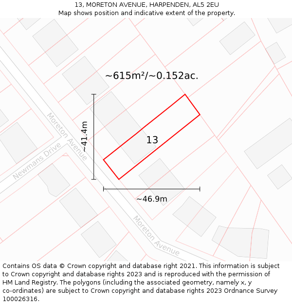 13, MORETON AVENUE, HARPENDEN, AL5 2EU: Plot and title map