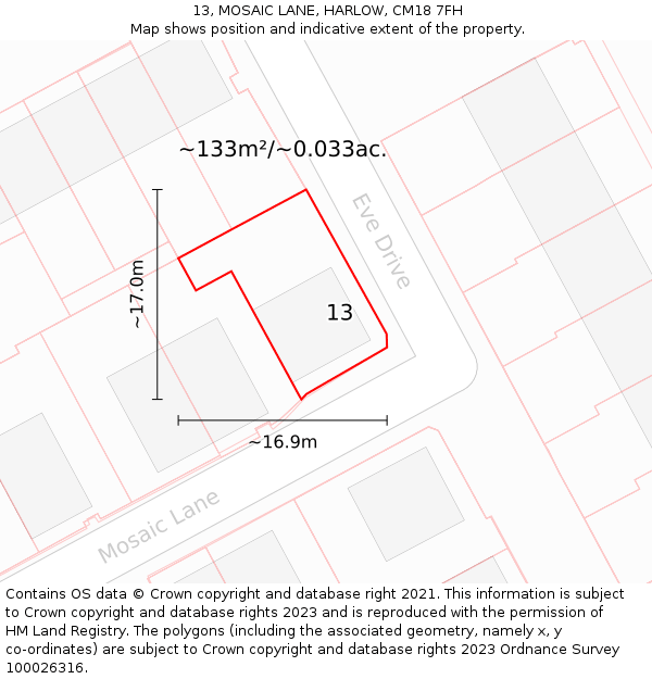 13, MOSAIC LANE, HARLOW, CM18 7FH: Plot and title map