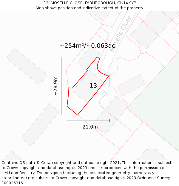 13, MOSELLE CLOSE, FARNBOROUGH, GU14 9YB: Plot and title map