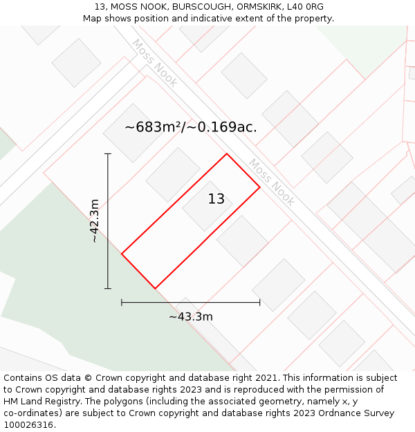13, MOSS NOOK, BURSCOUGH, ORMSKIRK, L40 0RG: Plot and title map