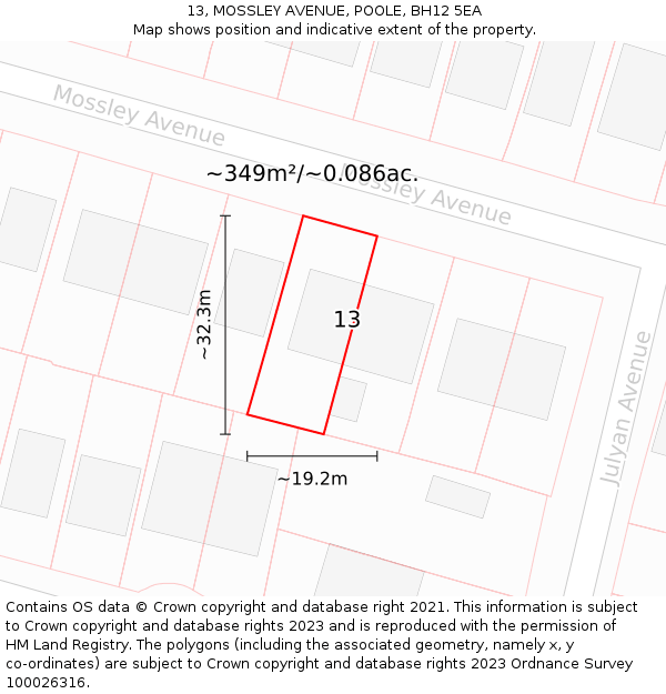 13, MOSSLEY AVENUE, POOLE, BH12 5EA: Plot and title map